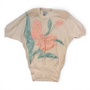 Christine Ivory Pink Green Floral Embroidered Knit Pullover Sweater L Vintage